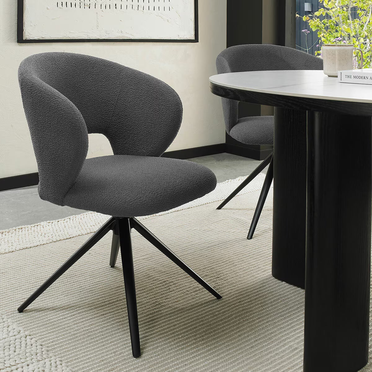 Modern Bentley Designs Alisa round Sintered Stone Dining Table + 4 Grey Chairs