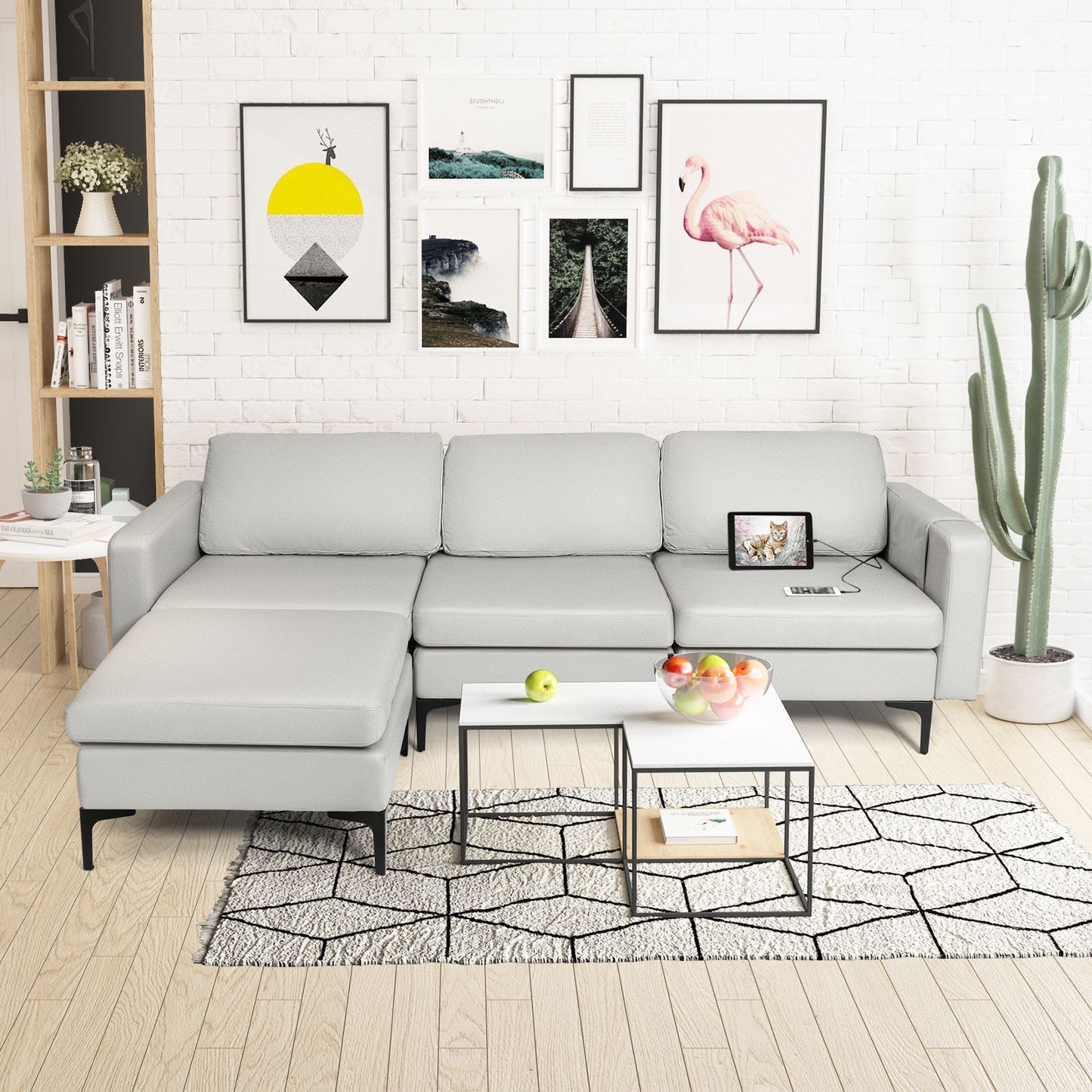 Modern Luxury Modular L-Shaped Sofa with Chaise, Reversible Ottoman, Built-In Socket