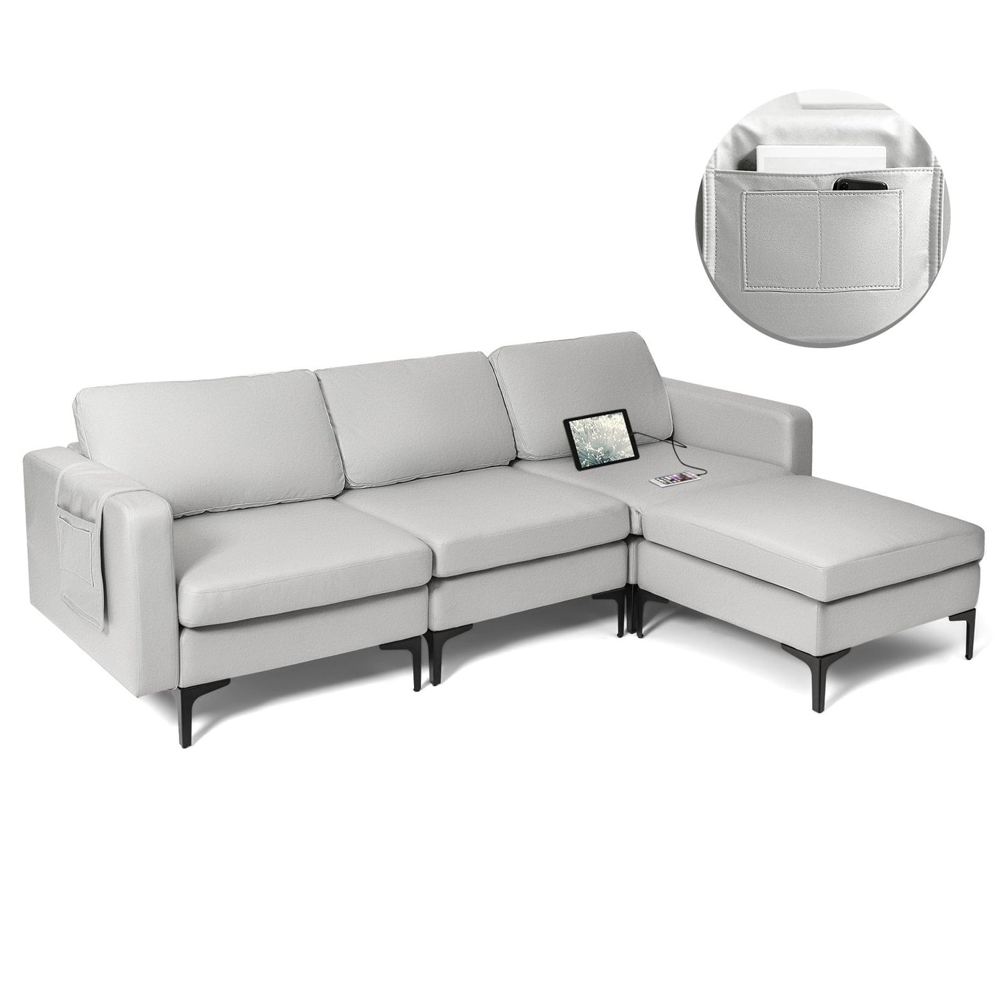 Modern Luxury Modular L-Shaped Sofa with Chaise, Reversible Ottoman, Built-In Socket