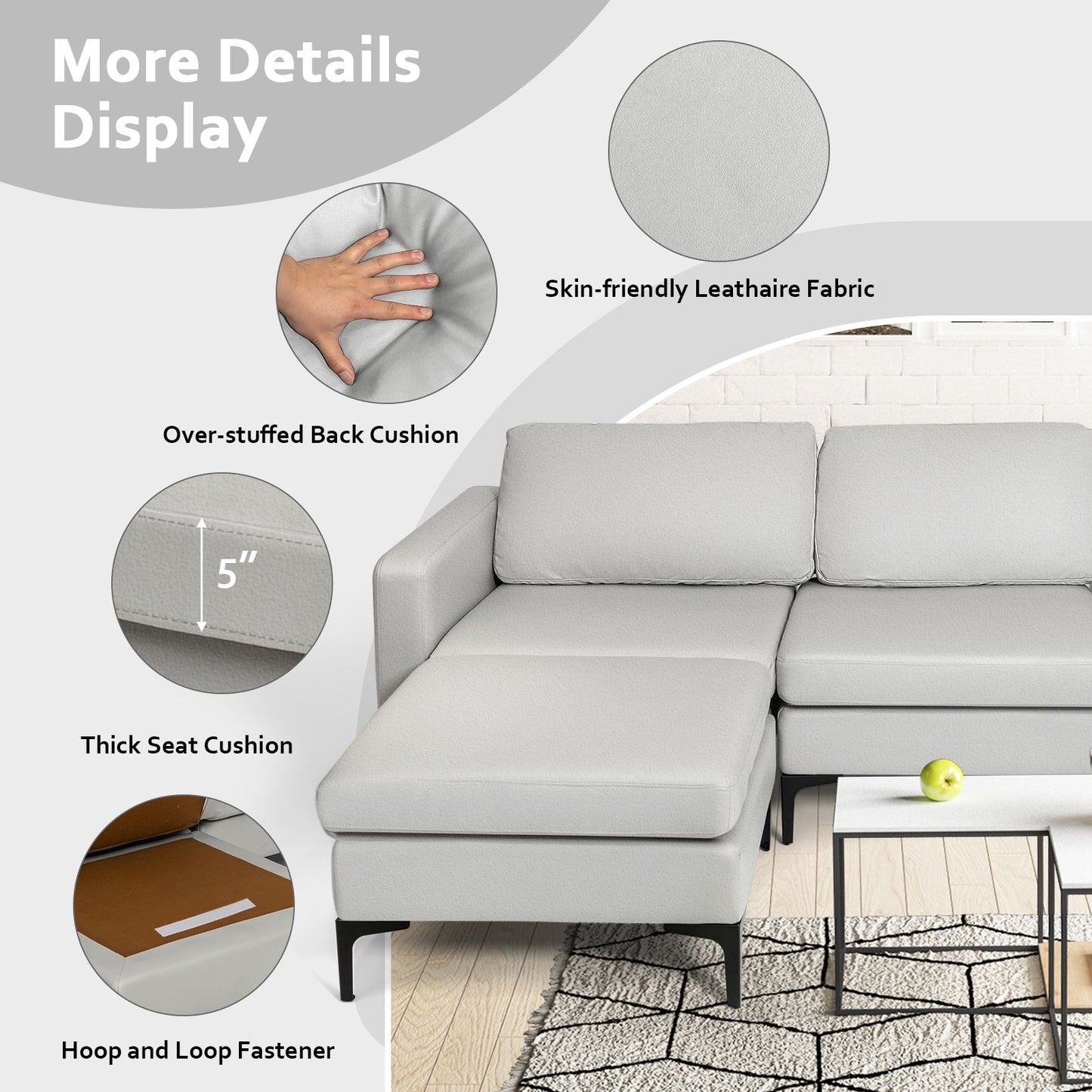 Modern Luxury Modular L-Shaped Sofa with Chaise, Reversible Ottoman, Built-In Socket