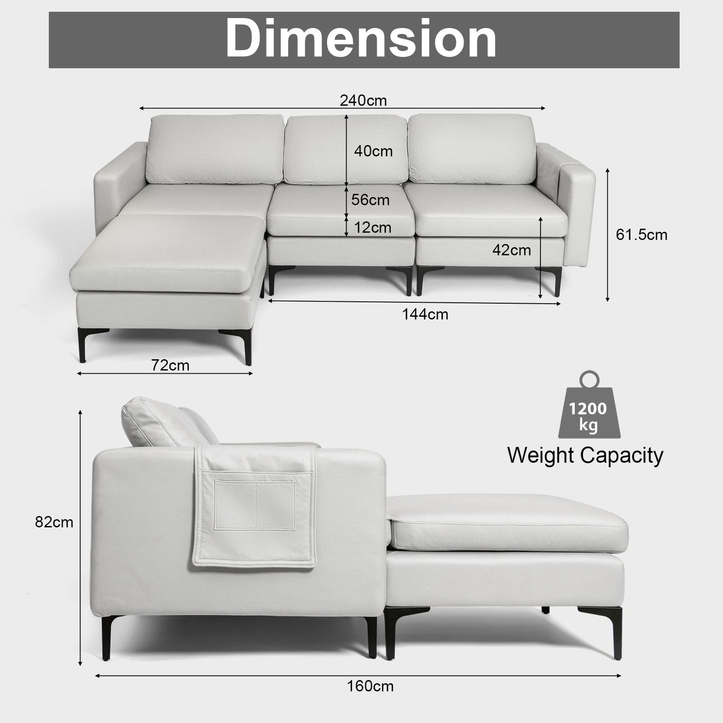 Modern Luxury Modular L-Shaped Sofa with Chaise, Reversible Ottoman, Built-In Socket