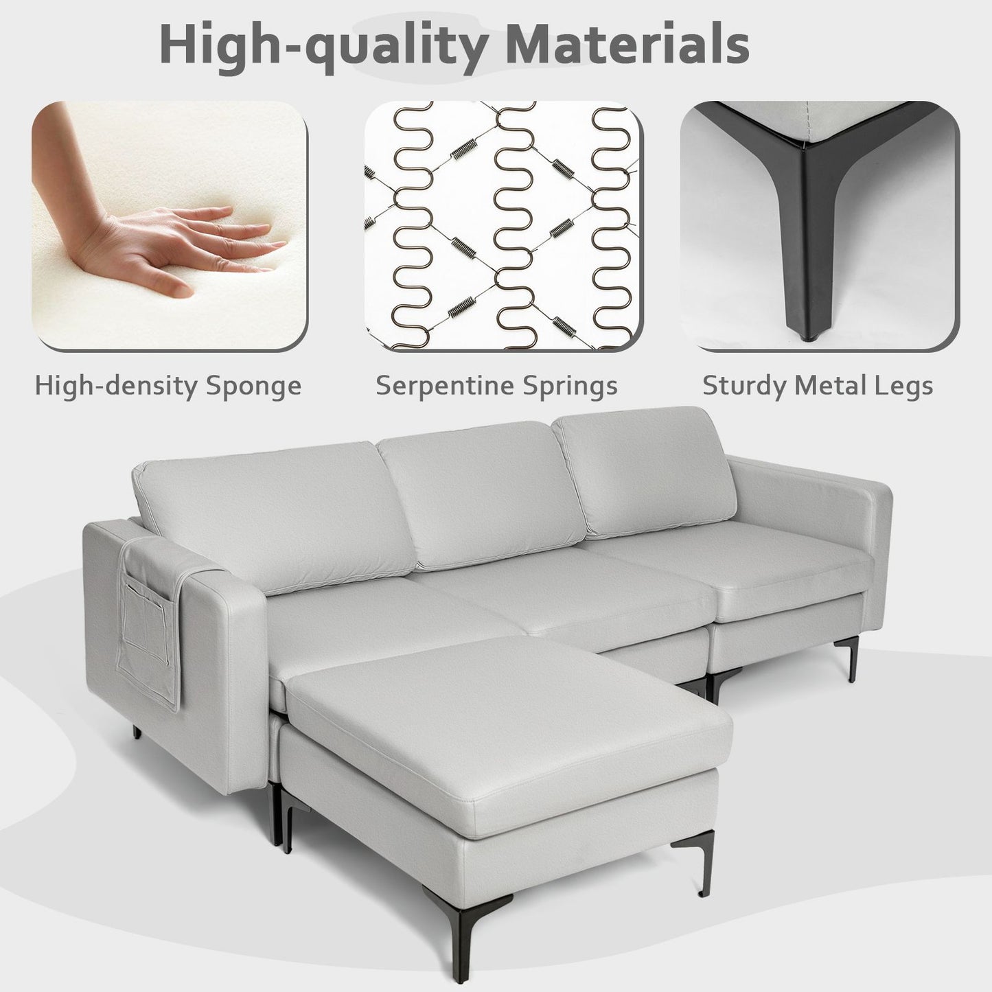 Modern Luxury Modular L-Shaped Sofa with Chaise, Reversible Ottoman, Built-In Socket