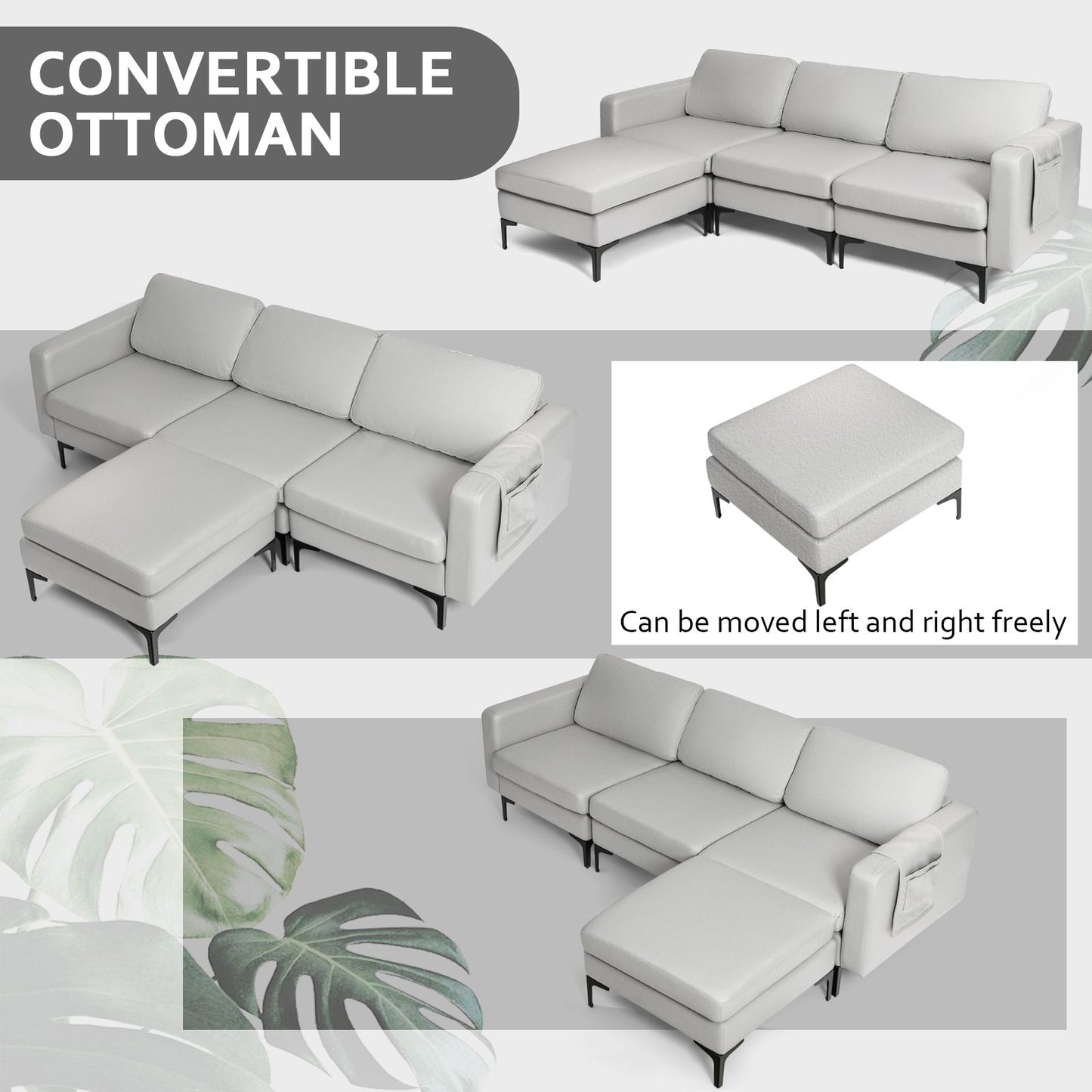 Modern Luxury Modular L-Shaped Sofa with Chaise, Reversible Ottoman, Built-In Socket