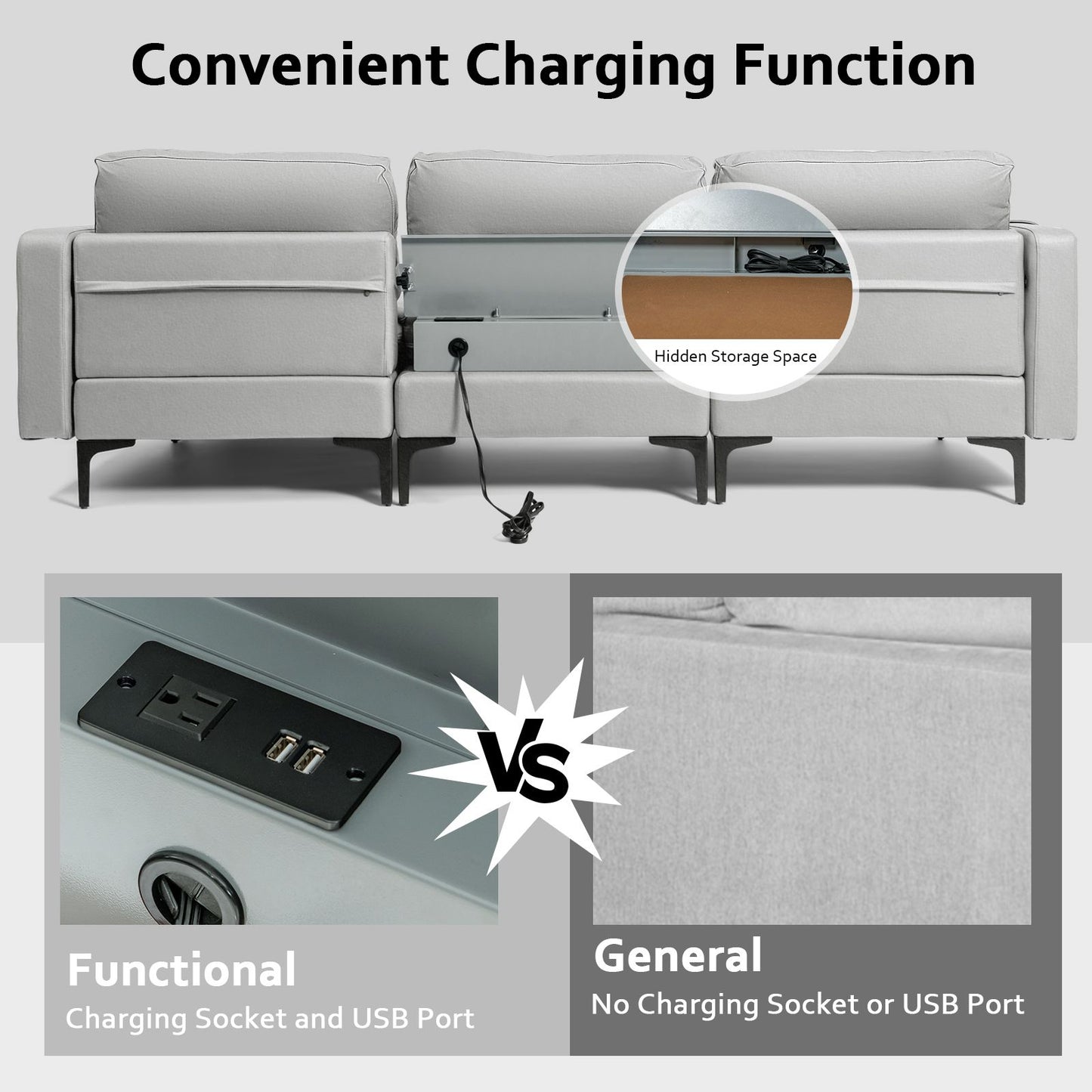 Modern Luxury Modular L-Shaped Sofa with Chaise, Reversible Ottoman, Built-In Socket
