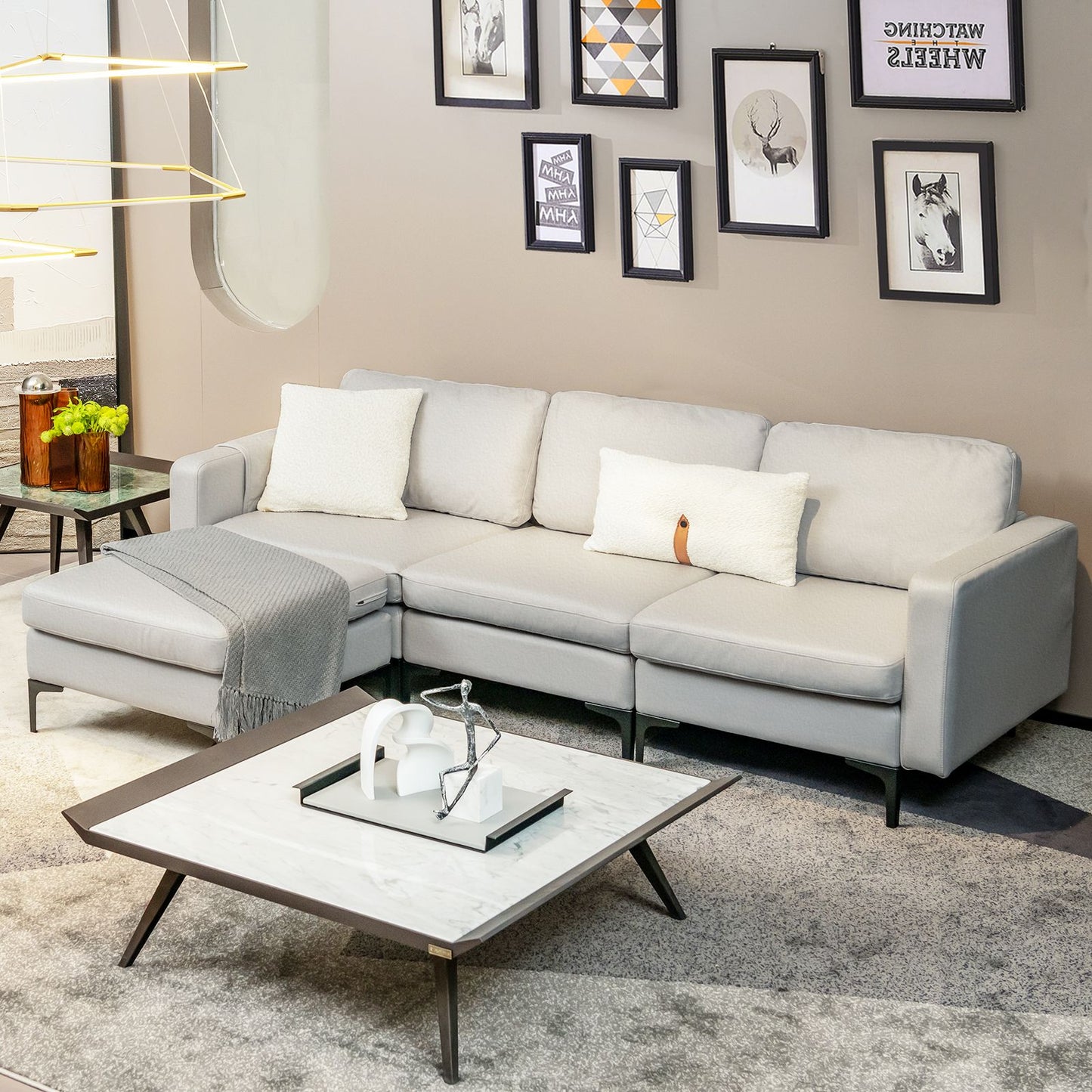 Modern Luxury Modular L-Shaped Sofa with Chaise, Reversible Ottoman, Built-In Socket