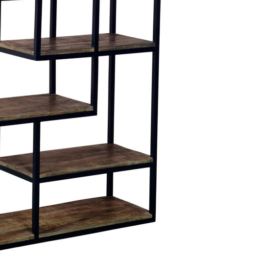 Bookshelf with wooden shelves and black metal frame on a white background