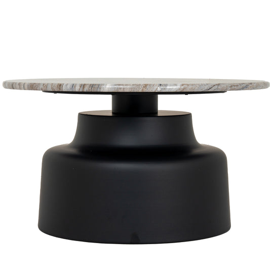 Round coffee table with marble top and black base on a white background