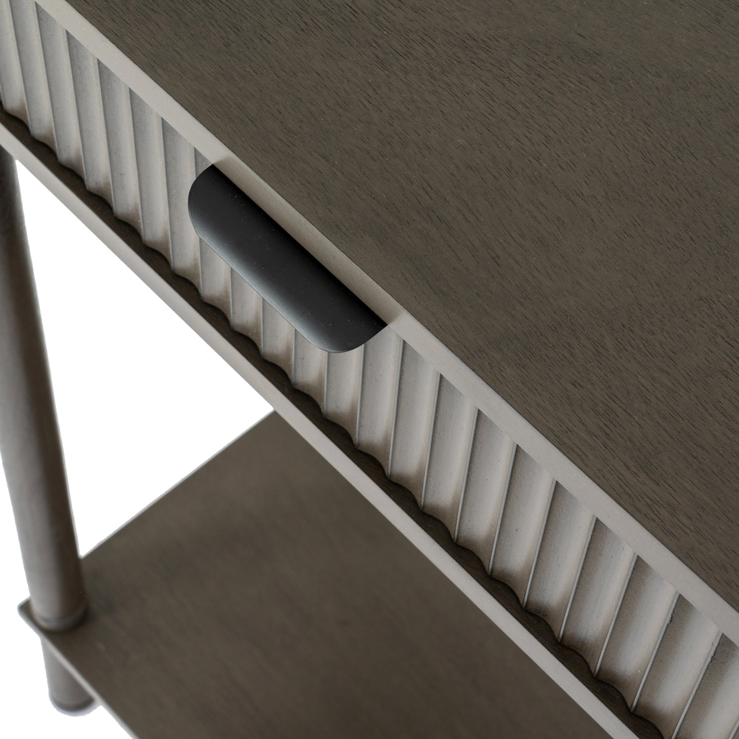 Close-up of a kitchen island with a drawer and metallic handle on a white background