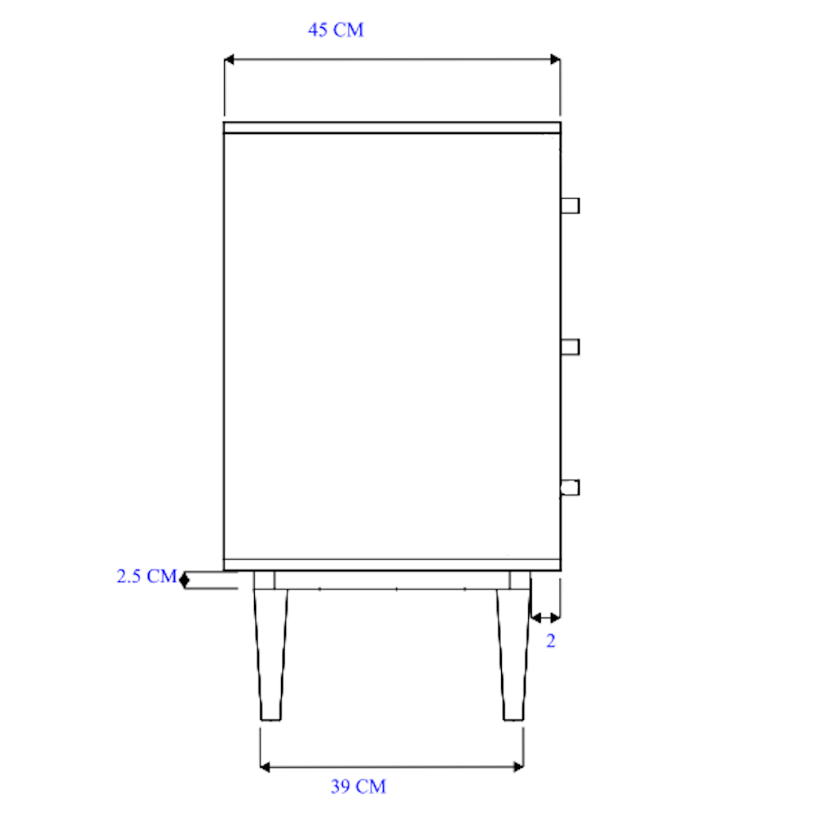 Technical drawing of a rectangular object with dimensions labeled