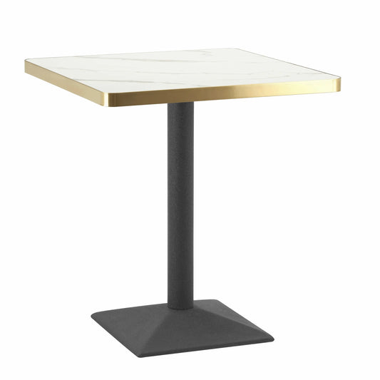 Square table with white top and black base on a white background