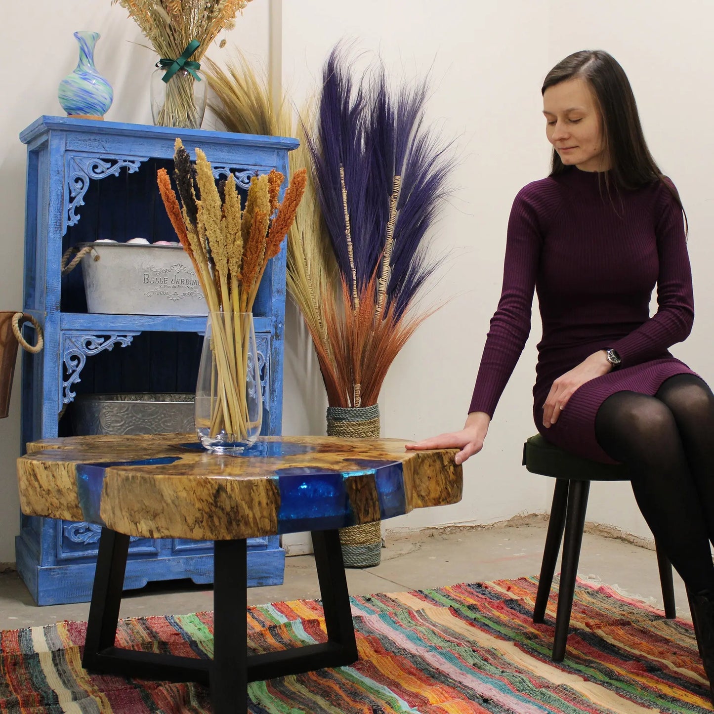 Tamarind and Resin Coffee Table - Sky Blue Coffee Table BlissVeranda