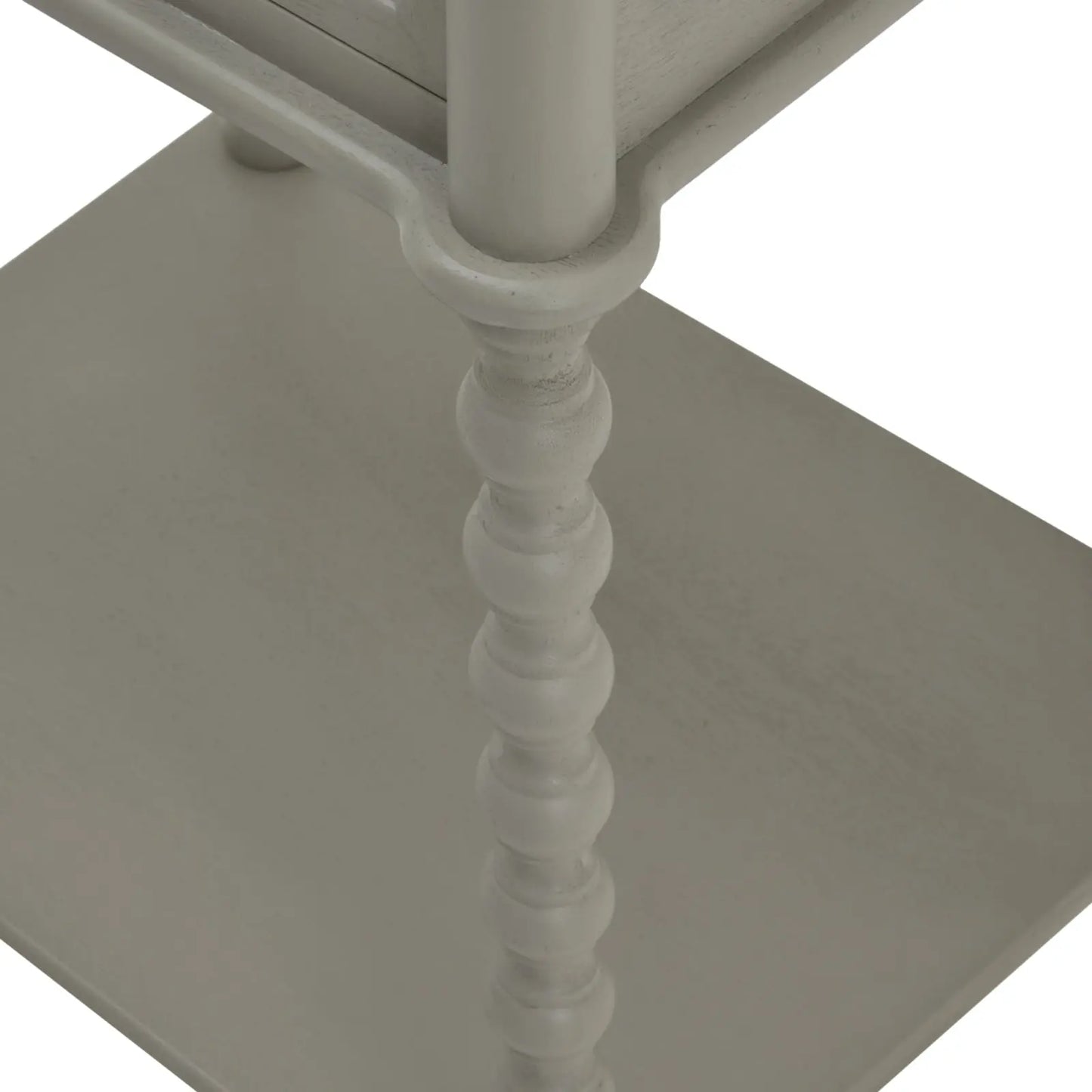 Close-up of a wooden side table with a spiral leg design on a white background
