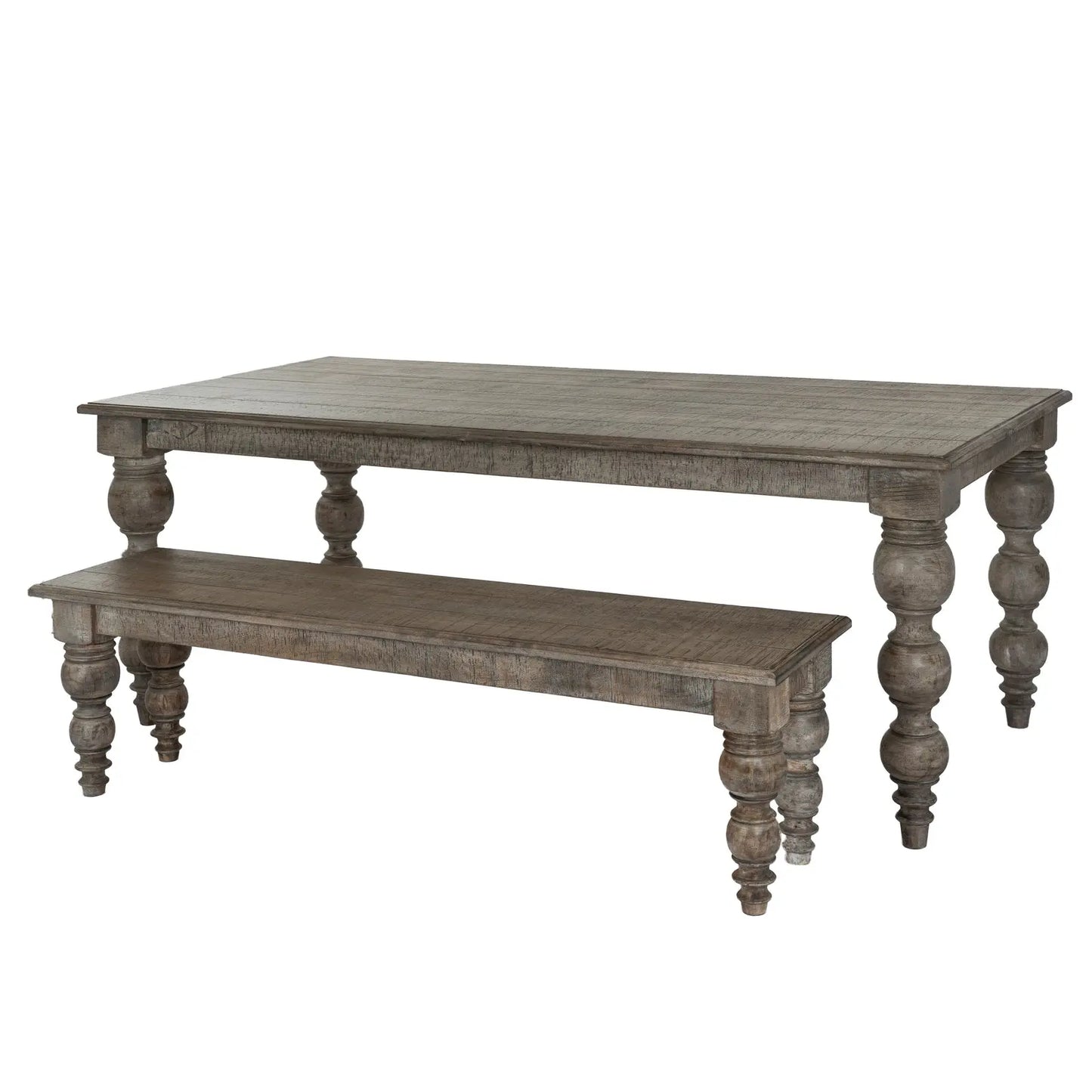 Wooden table and bench set with turned legs on a white background