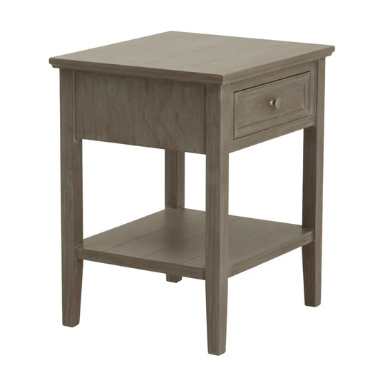 Wooden side table with a drawer on a white background