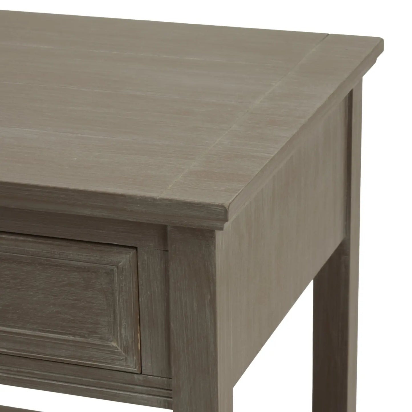 Close-up of a wooden desk with a light brown finish on a white background