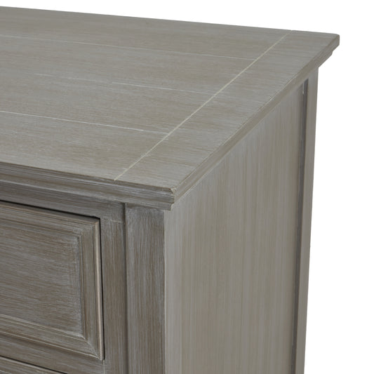 Close-up of a wooden cabinet with a tiled countertop on a white background