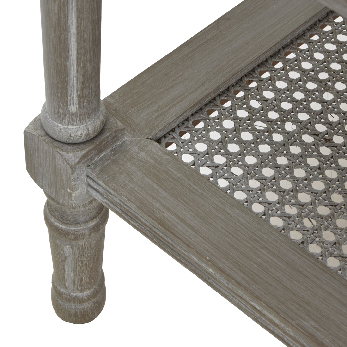 Wooden side table with woven pattern on a white background