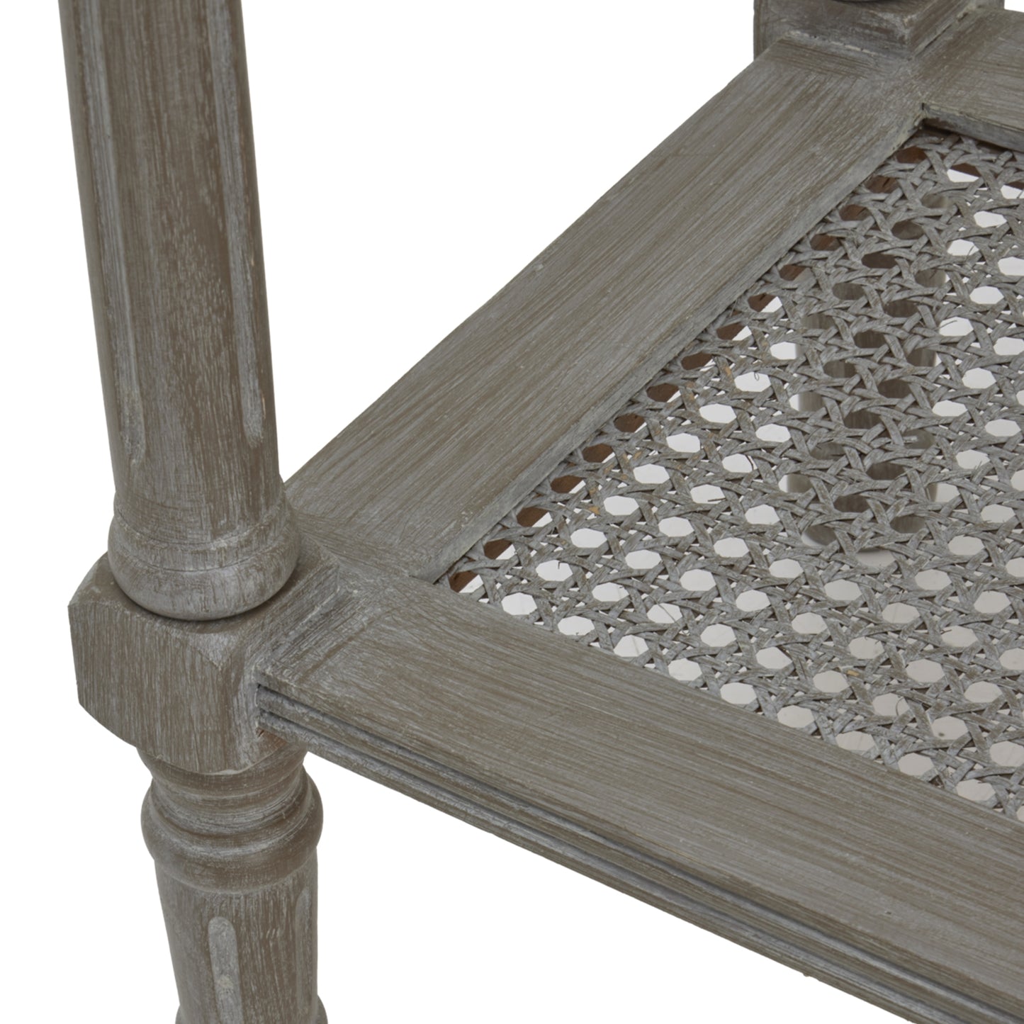 Close-up of a wooden side table with a lattice design on a white background
