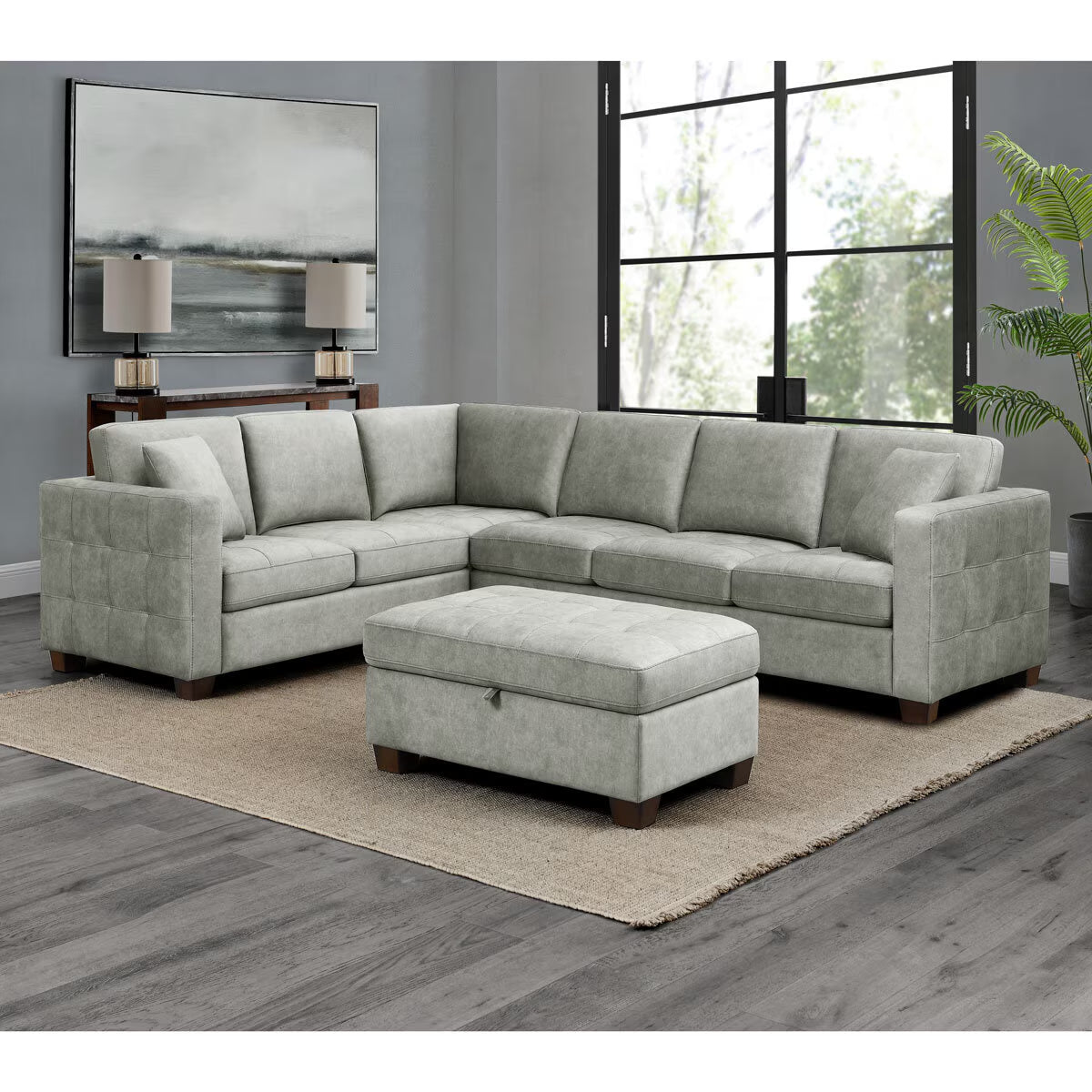 Modern Luxury Thomasville Kylie Grey Fabric Sectional Sofa with Storage Ottoman