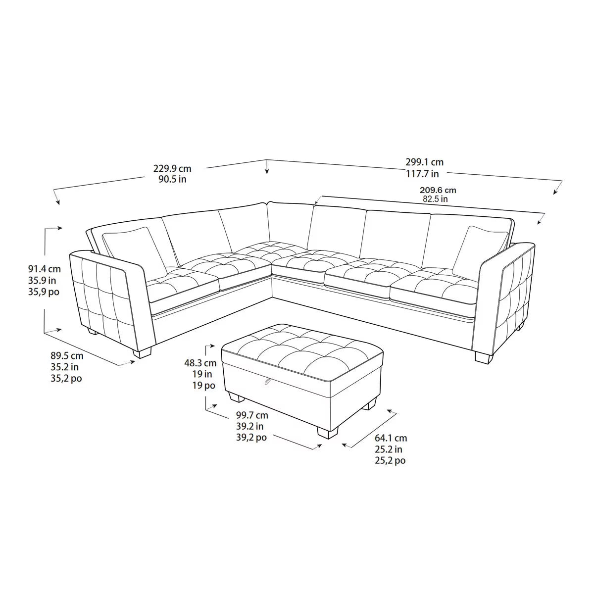 Modern Luxury Thomasville Kylie Grey Fabric Sectional Sofa with Storage Ottoman