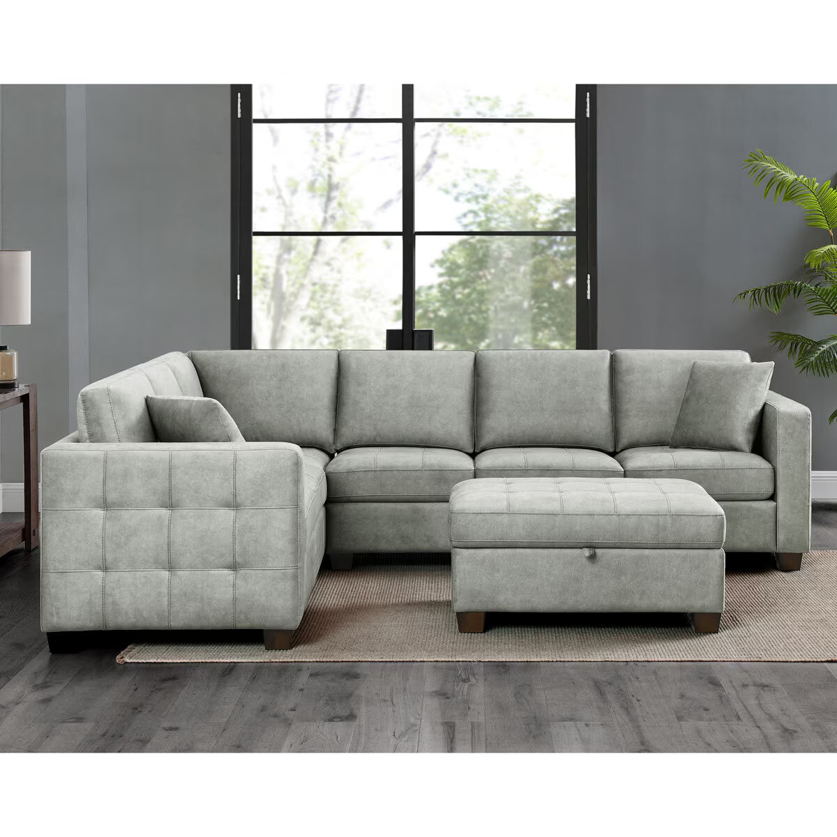 Modern Luxury Thomasville Kylie Grey Fabric Sectional Sofa with Storage Ottoman