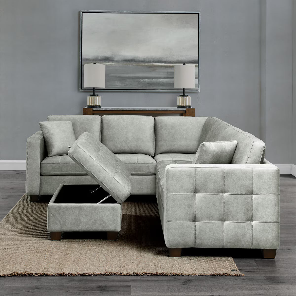 Modern Luxury Thomasville Kylie Grey Fabric Sectional Sofa with Storage Ottoman