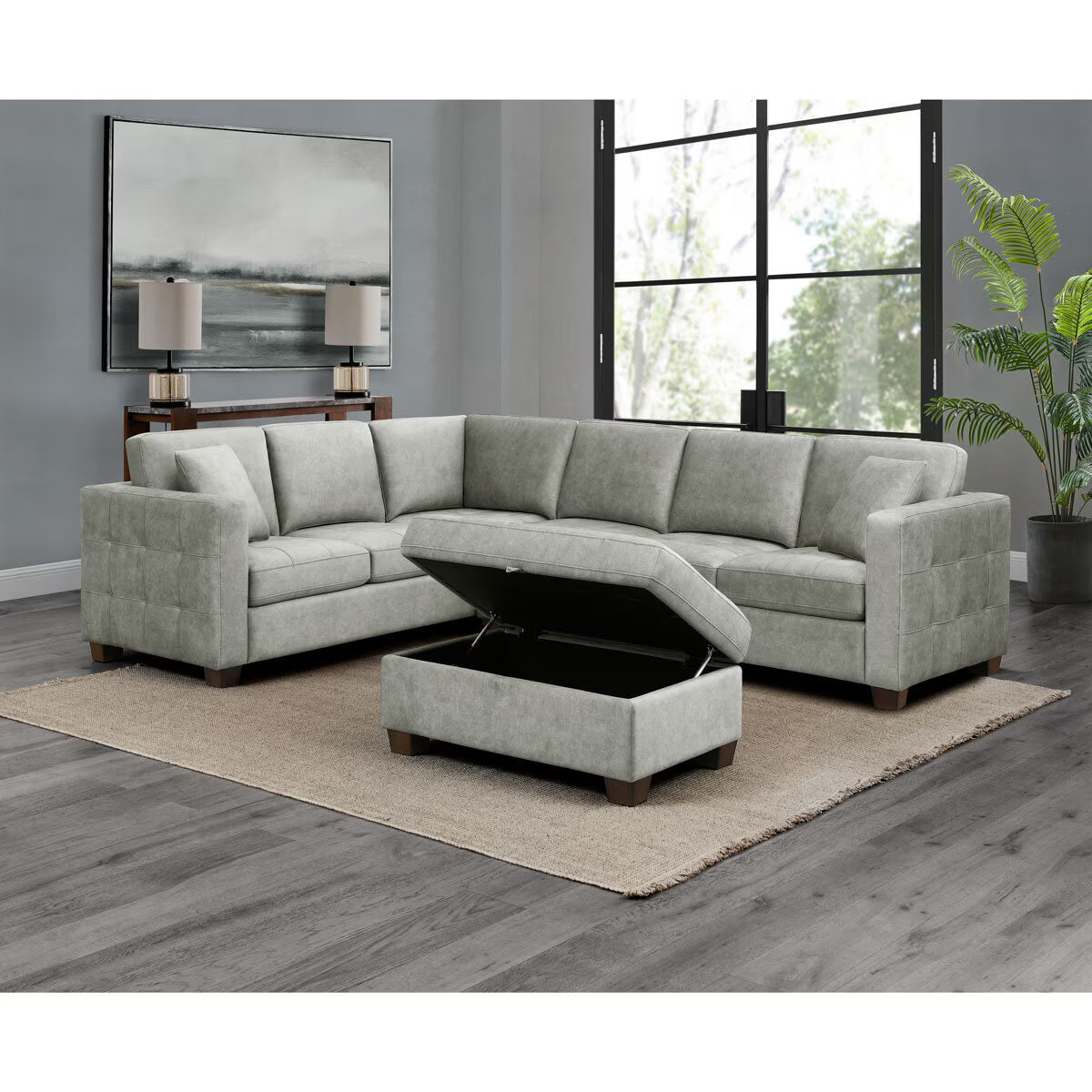 Modern Luxury Thomasville Kylie Grey Fabric Sectional Sofa with Storage Ottoman