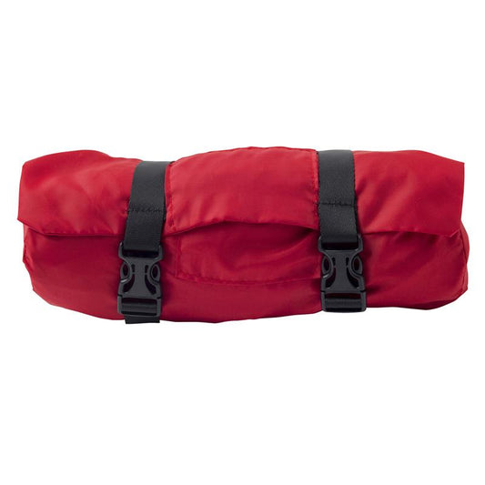 Red roll-up bag with black straps on a white background
