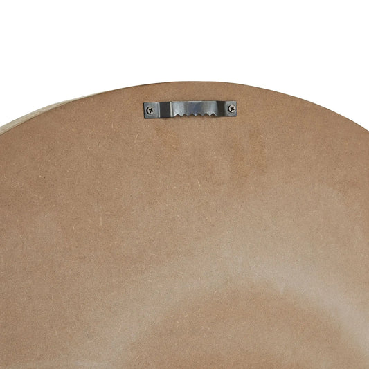 Round brown leather ottoman with a metal handle on a white background