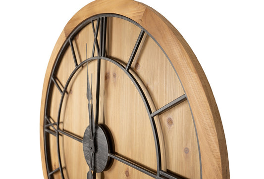 Wooden wall clock with metal accents on a white background