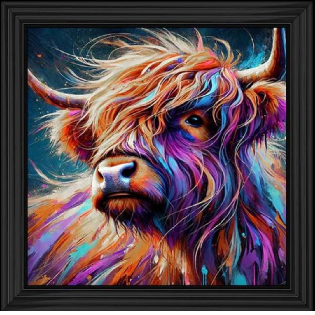 Vibrant Highland Cow Wall Art with Black Frame