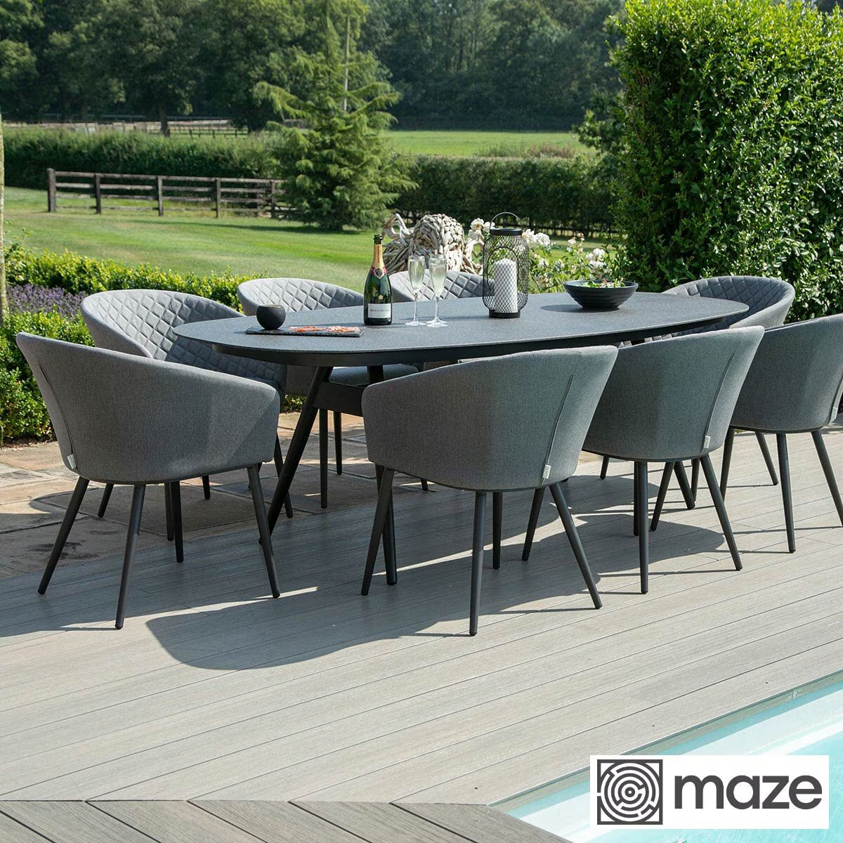 Maze Ambition 9 Piece Oval Dining Patio Set + Cover (In Oatmeal)