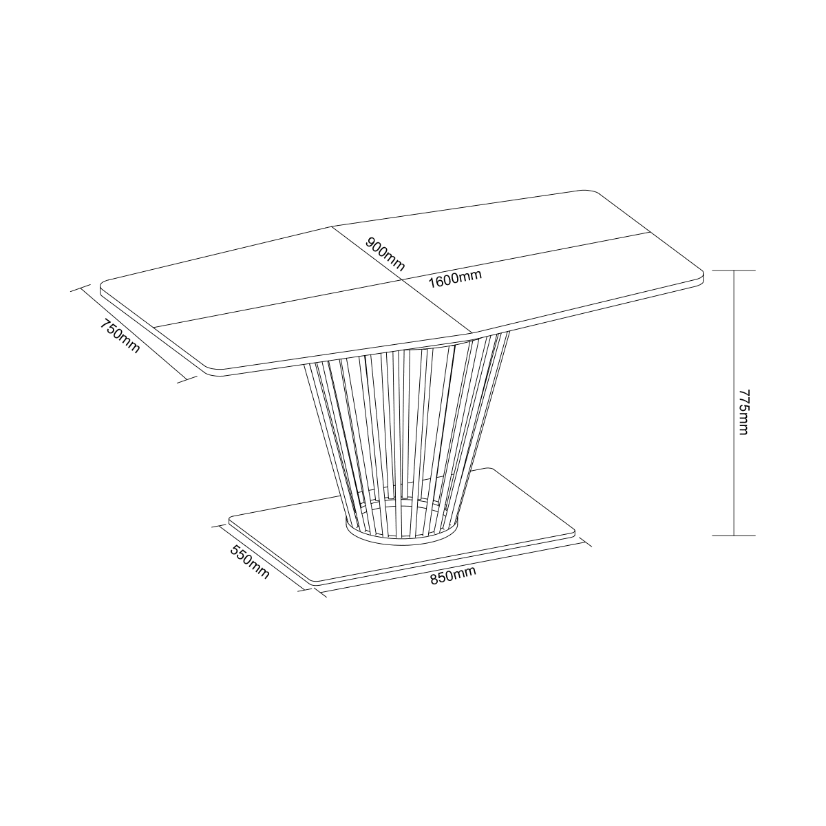Technical drawing of a rectangular table with dimensions labeled