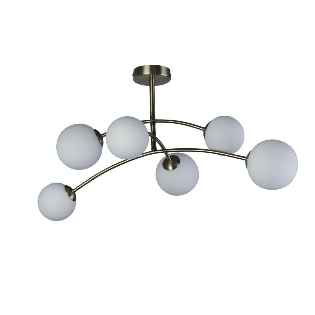 Ellison 6 Light Antique Brass & Frosted Glass Flush Ceiling Light