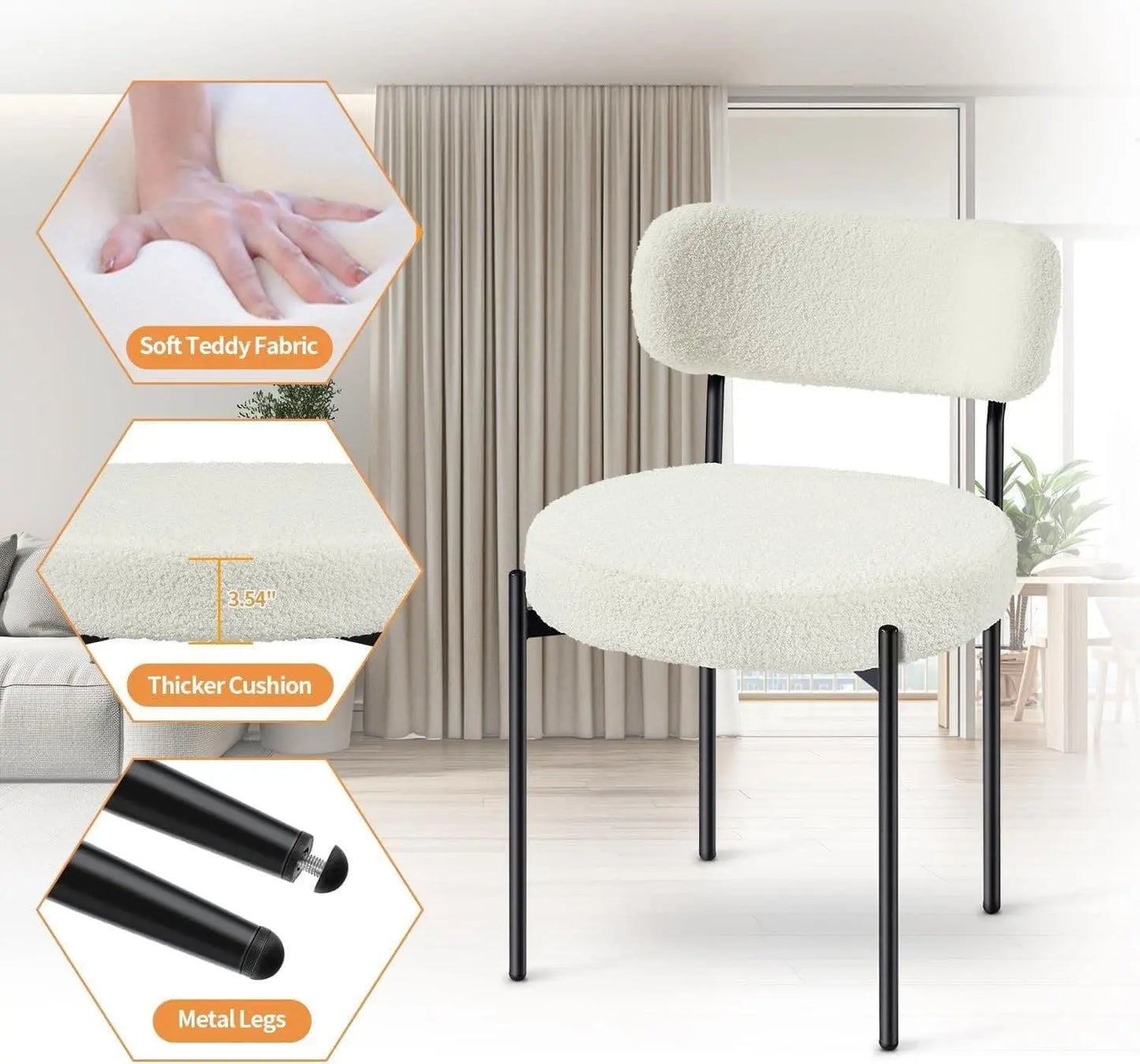 White chair with soft teddy fabric, thicker cushion, and metal legs in a room setting.