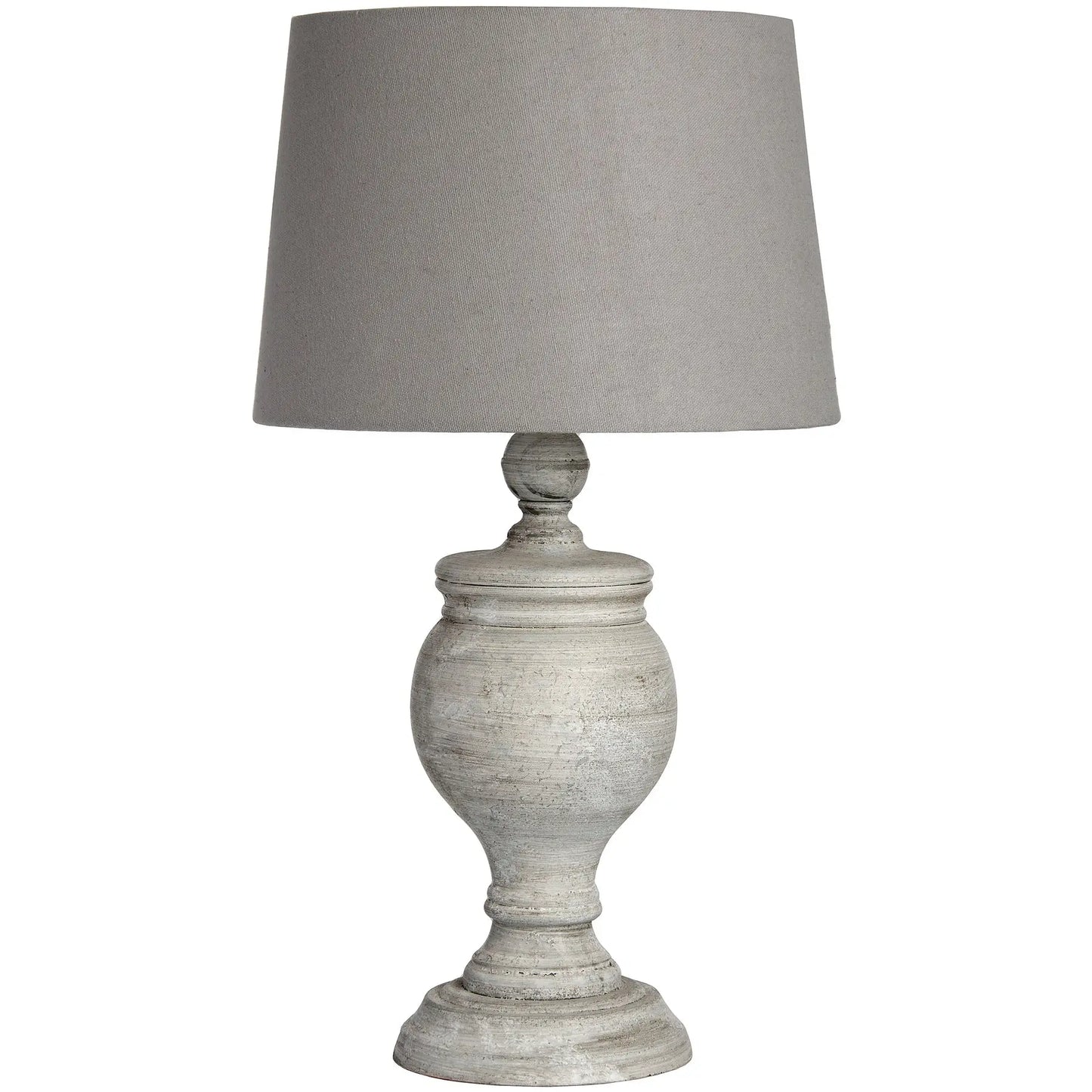 Table lamp with a textured gray base and a gray shade on a white background