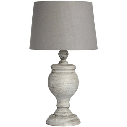 Table lamp with a textured gray base and a gray shade on a white background