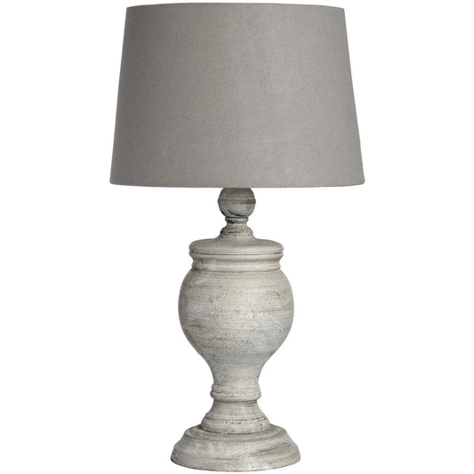 Table lamp with a textured gray base and a gray shade on a white background