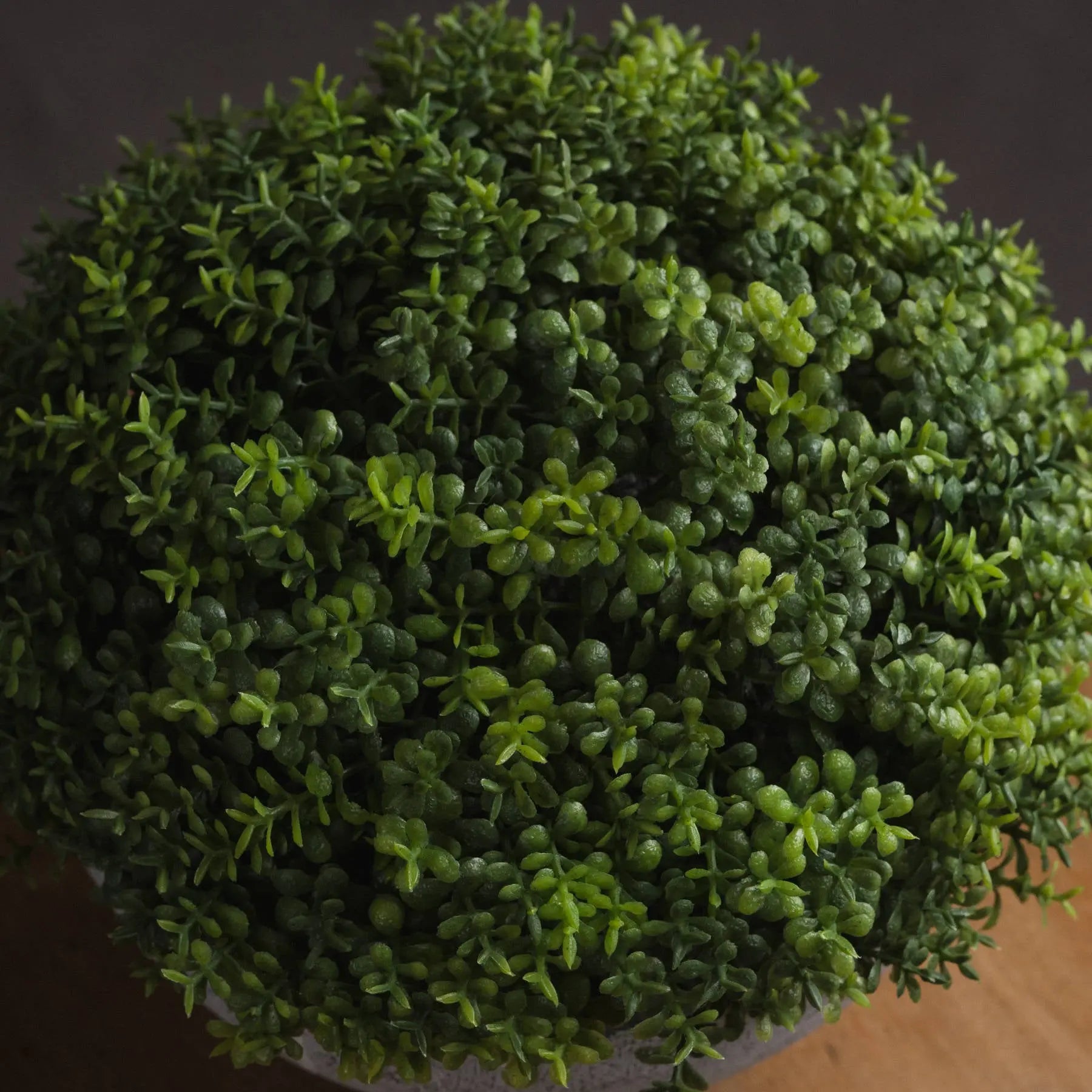 Close-up of a spherical artificial topiary plant with a dark background