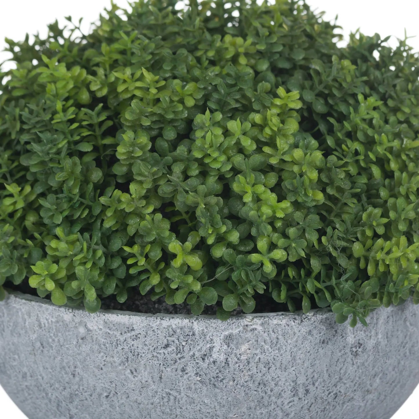 Artificial green foliage in a gray stone planter on a white background