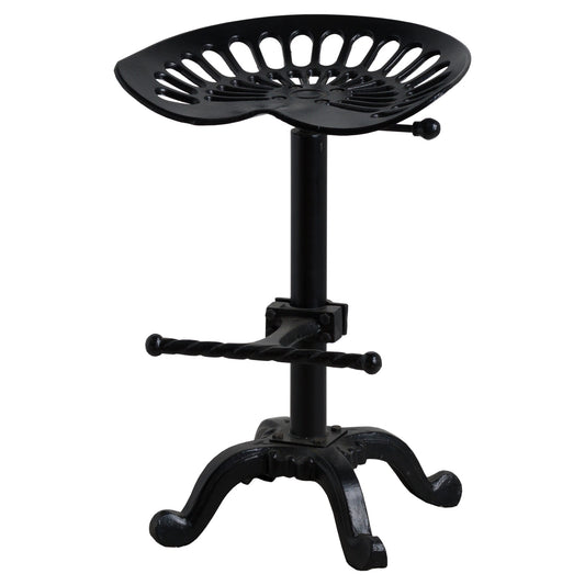 Black adjustable stool with circular seat on a white background
