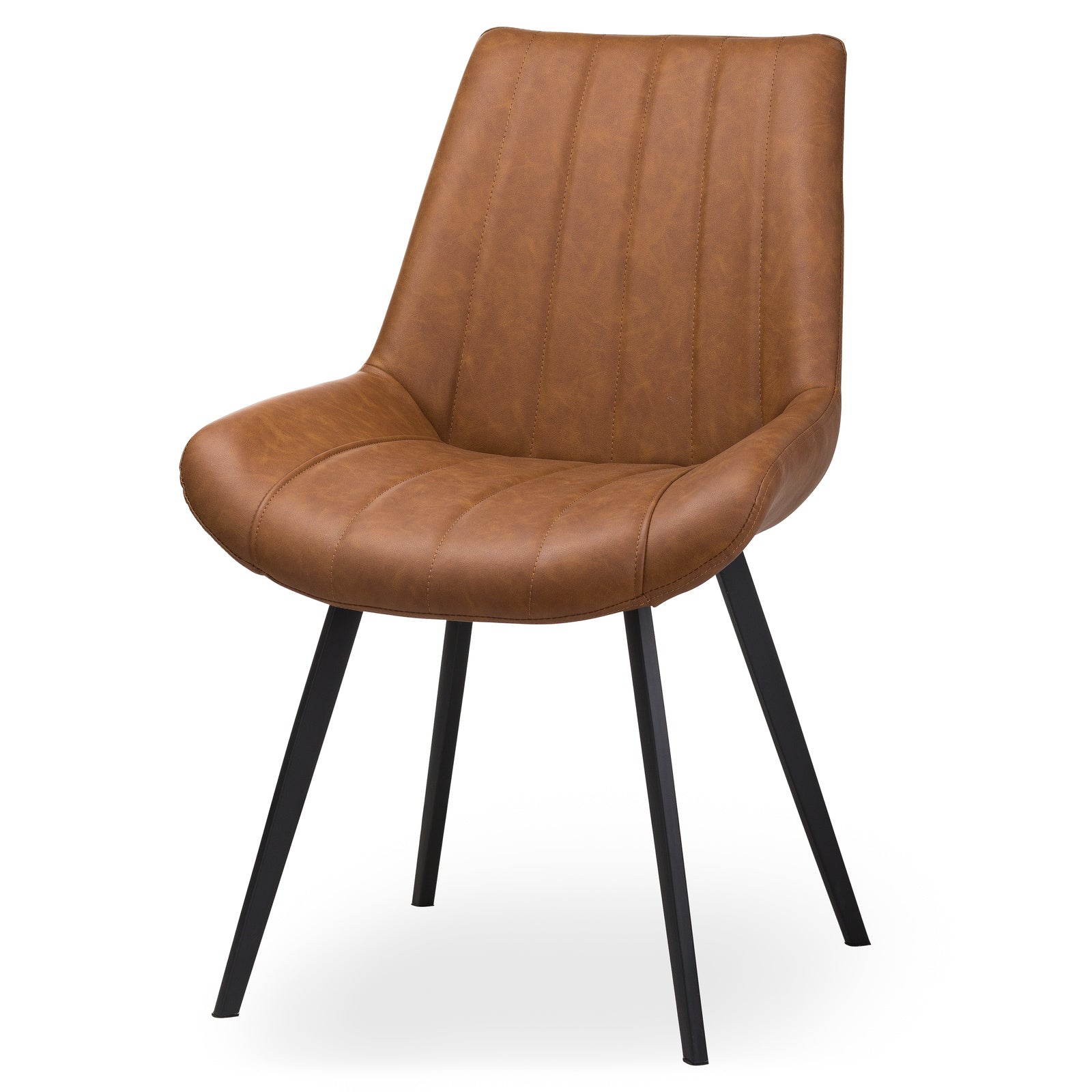 Brown leather chair with black metal legs on a white background
