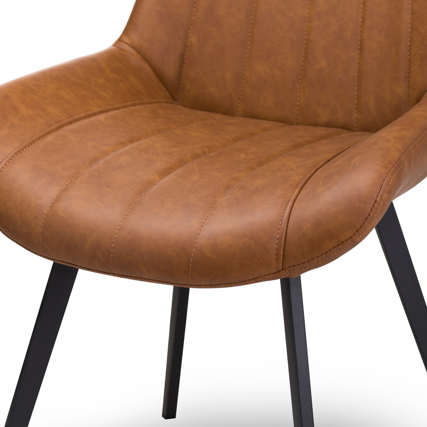Brown leather chair with black metal legs on a white background