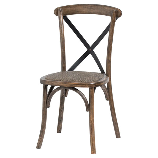Wooden chair with a woven seat on a white background