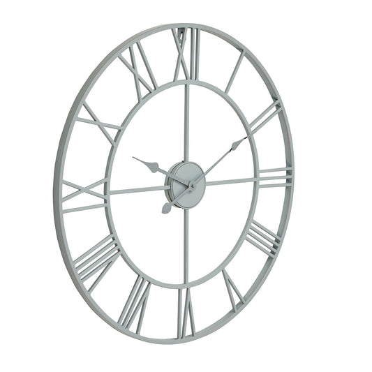 Large silver wall clock with Roman numeral markers on a white background