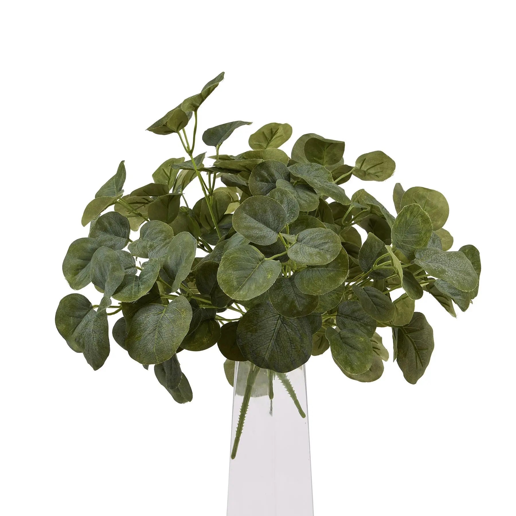 Artificial green leaves in a clear vase on a white background