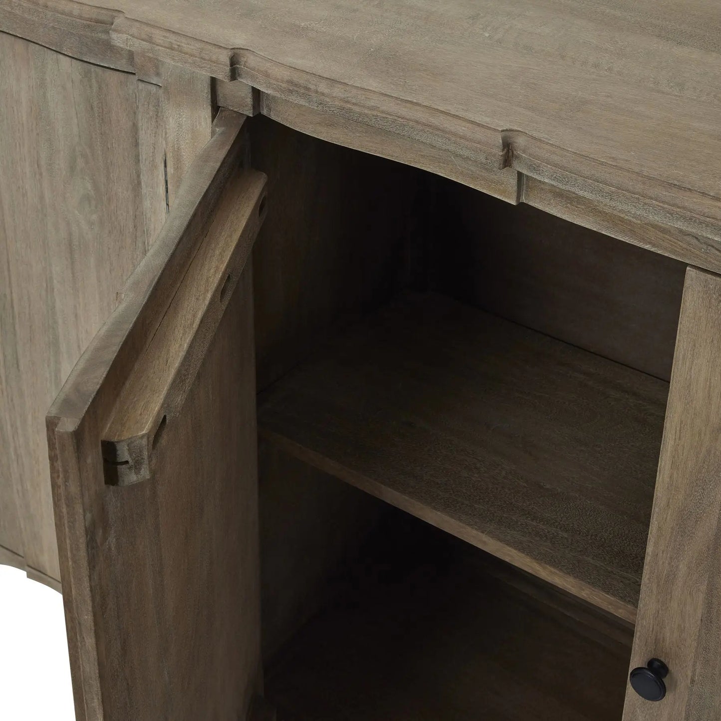 Wooden cabinet with an open door revealing a shelf inside.