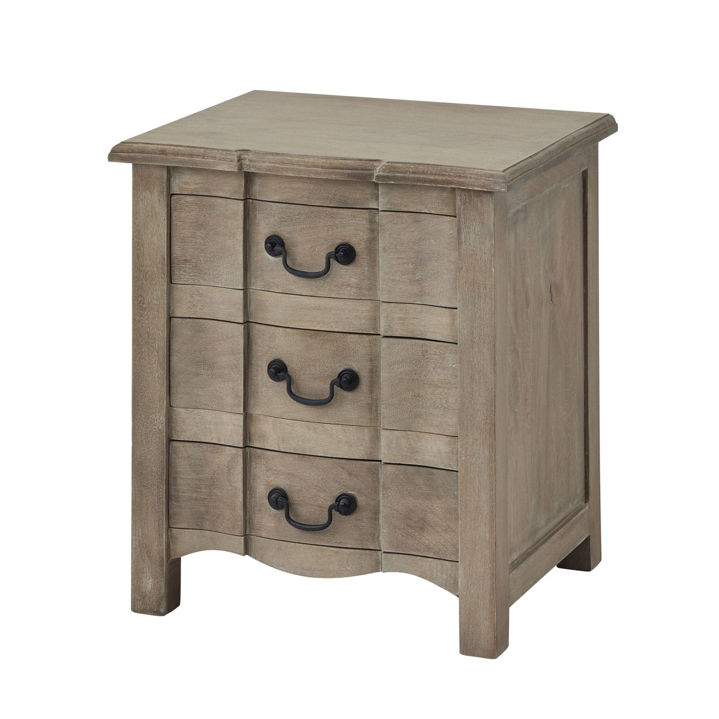 Wooden nightstand with four drawers and black handles on a white background