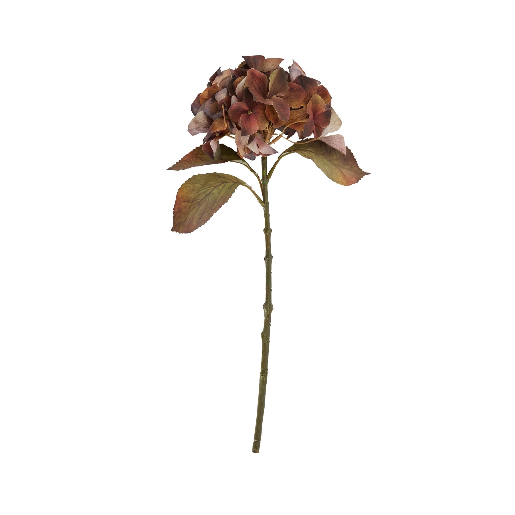 Artificial flower stem with brown and green leaves on a white background
