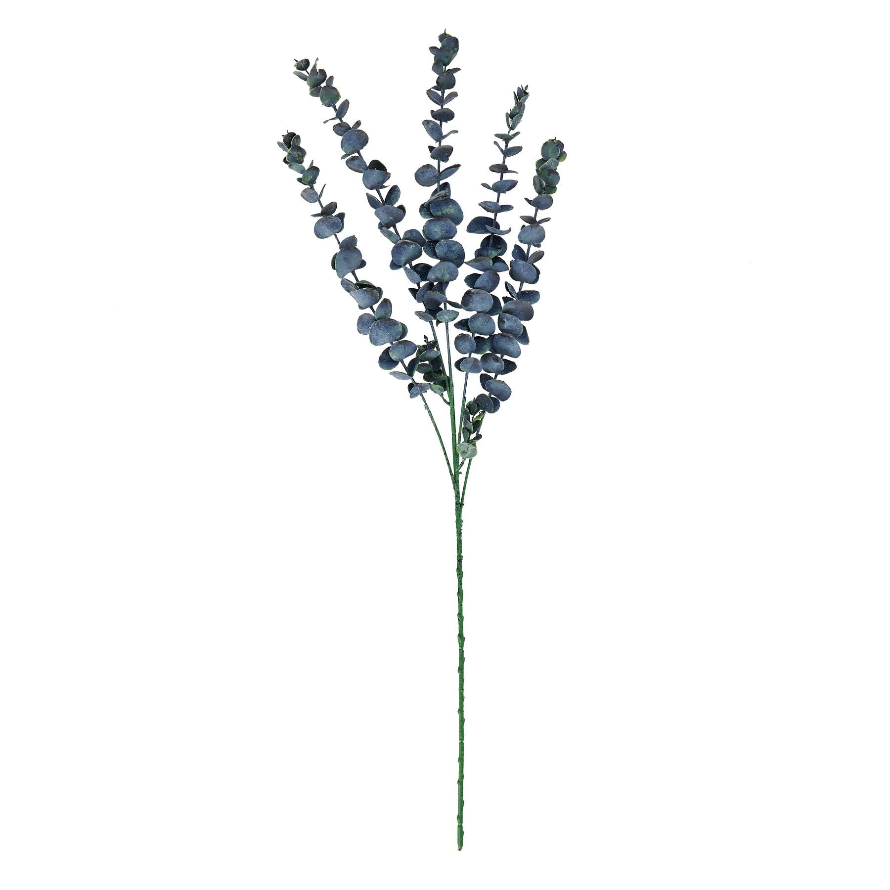Artificial eucalyptus branch with blue leaves on a white background